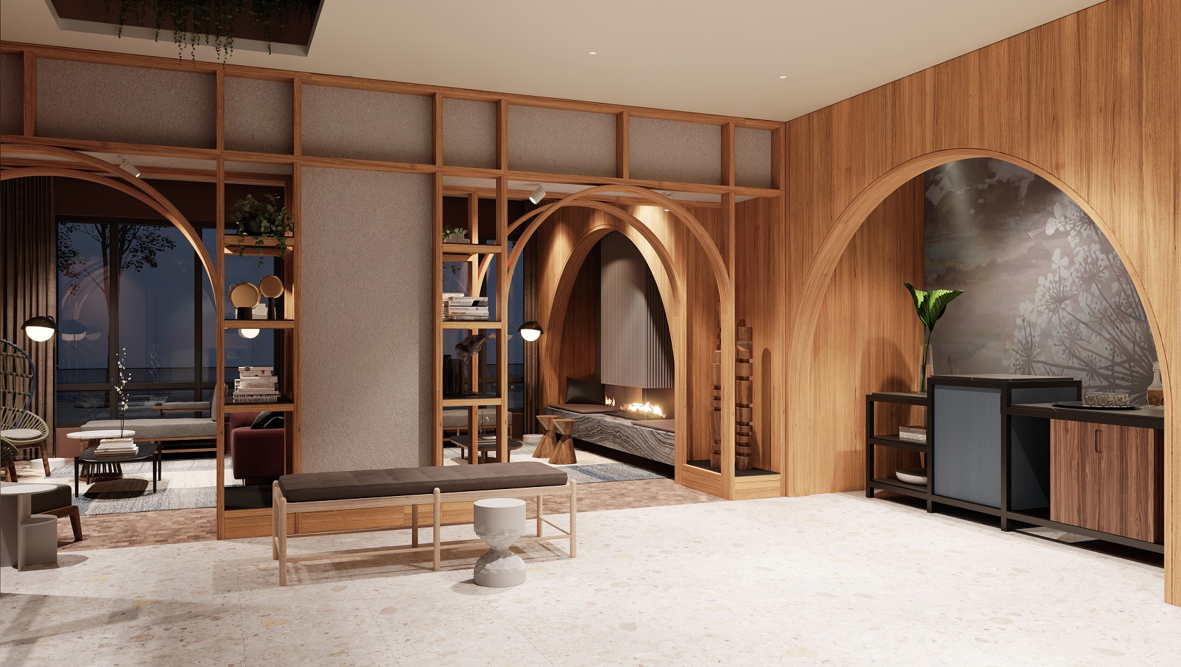 Hotel Lobby, light wood, sunlight